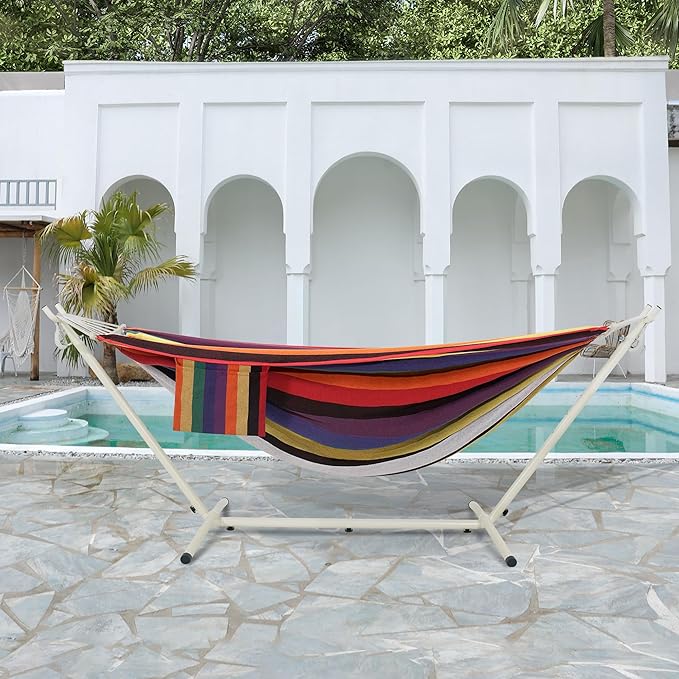 LazyDaze Hammocks Double Hammock with Stand - 2 Person Heavy Duty Outdoor Hammock for Adults, Includes Durable Steel Stand, Portable Carrying Bag and Pillow, Red Purple