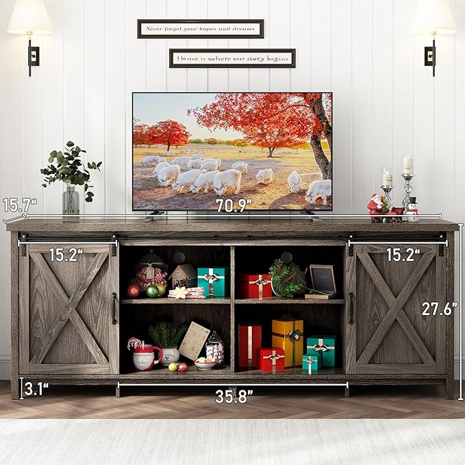 70In Farmhouse TV Stands for 70 75 80inch TV w/Adjustable Shelves,Sliding Barn Door.Rustic Wooden Entertainment Center,TV Console Grey Cabinet w/Storage for Bedroom Living Room(Dark Grey 70in)