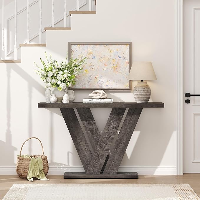 karlott 51 Inch Console Table, Farmhouse Entryway Table with V-Shaped, Wood Sofa Table Behind Couch Table, Narrow Entryway Accent Table for Living Room, Hallway, Entrance, Foyer, Brown, Grey