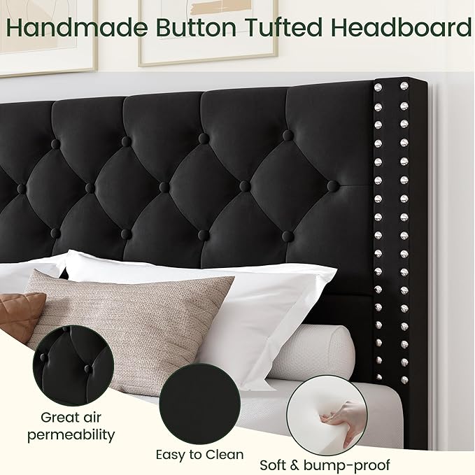 Full Size Bed Frame with 4 Storage Drawers and Tufted Headboard Velvet Upholstered Platform Bed Frame with Heavy Duty Wood Slats, No Box Spring Needed, Easy Assembly, Black