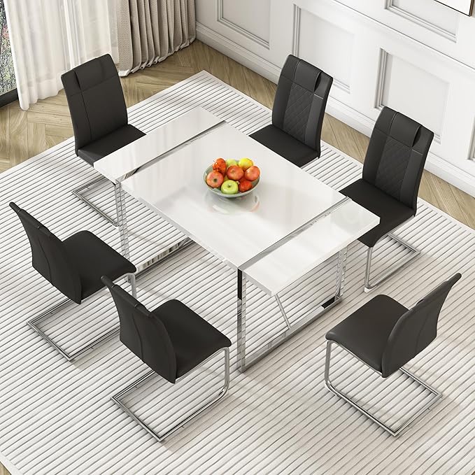 Dining Table Chairs Set for 6, Modern Rectangular Dining Room Table Set PU Leather Upholstered Dining Chairs 55" Dinner Table Set for Kitchen, Dining Room (Dining Table Set for 6, Black)