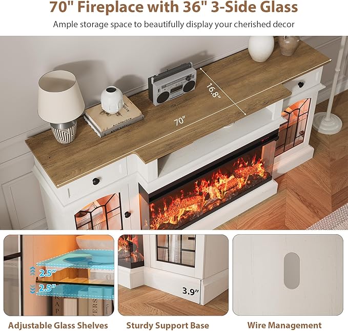 QUW 70" Farmhouse Fireplace TV Stand for TVs up to 80", Entertainment Center with 36" 3-Side Glass Electric Fireplace with Open Shelf and Cabinet, TV Console for Living Room, Antique White
