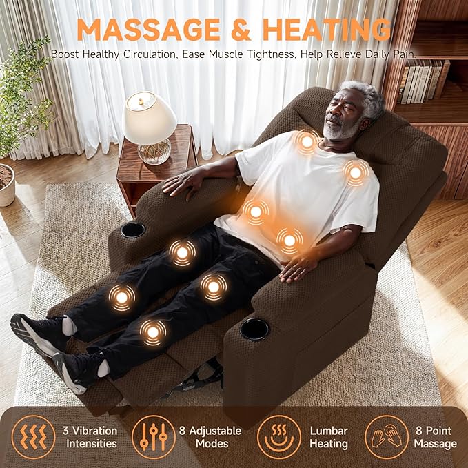 Triple Motor Large-Wide Power Lift Recliner Chair with Power Headrest for Big and Tall Elderly, Infinite Position, Massage Heat, Extend Footrest, USB, Cup Holder, Plush Flannel, Dark Brown