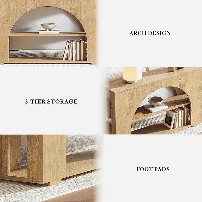 Sofa Console Table with Storage, 55" Farmhouse 3-Tier Hallway Wood Table for Living Room, Hallway, Foyer, Natural Wood