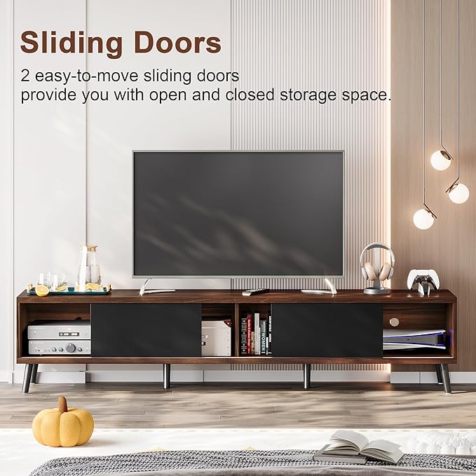 Clikuutory Mid Century Modern 70 Inch TV Stand with Two Large Storage Space for 50 55 60 65 70 75 80 Inch TVs, TV Console with Two Sliding Door, Entertainment Center for Bedroom, Walnut