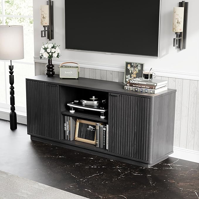 60'' Fluted TV Stand, Console Table, Mid Century Modern Curved TV Stands with Water Wave Shaped Door, Entertainment Center with Metal Handle, Living Room (Advanced Black Wood Grain)