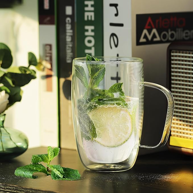 Joeyan Large Clear Double Walled Glass Coffee Mugs 16 oz, Double Layer Tea Latte Cappuccino Glasses Cups with Handle, Double Lined Insulated High Borosilicate Glassware for Hot Drinks, Set of 2