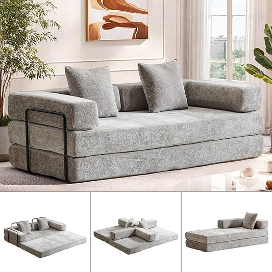 Convertible Sofa Bed, Compression Futon Sofa with Pillows & Armrest, Foldable Mattress Couch with Fixed-Shape Frame, Comfy Couch Lounge Sleeper Bed for Living Room Bedroom, Light Gray