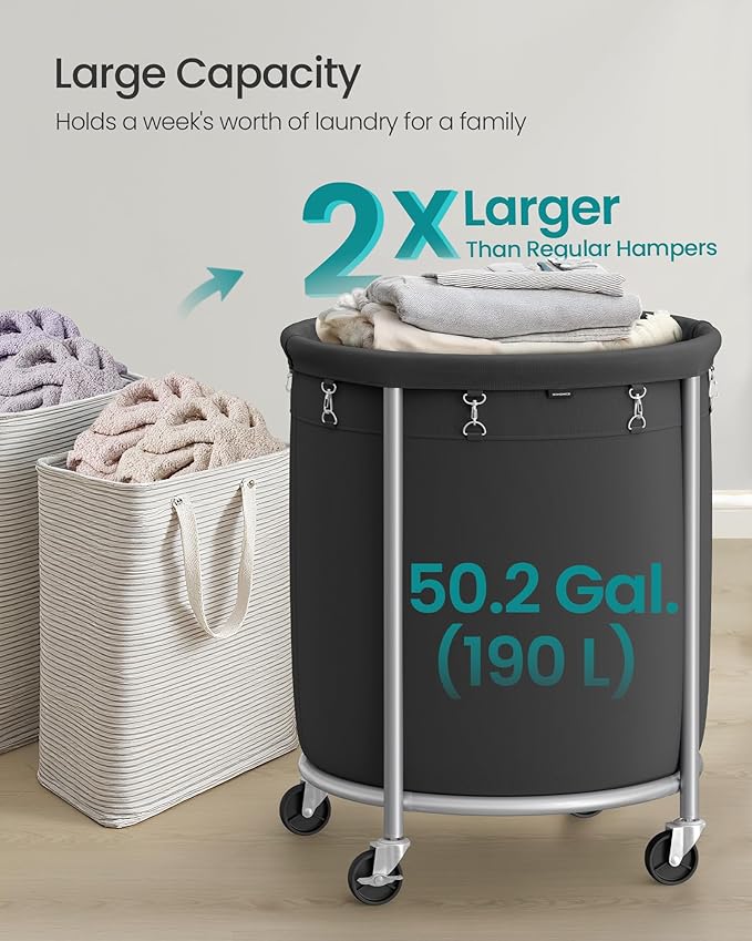 SONGMICS 50.2-Gallon (190 L) Laundry Basket with Wheels, Rolling Round Heavy-Duty Laundry Hamper Cart with Steel Frame and Removable Bag, 2 Locking Wheels, Ink Black and Metallic Silver URLS001B01