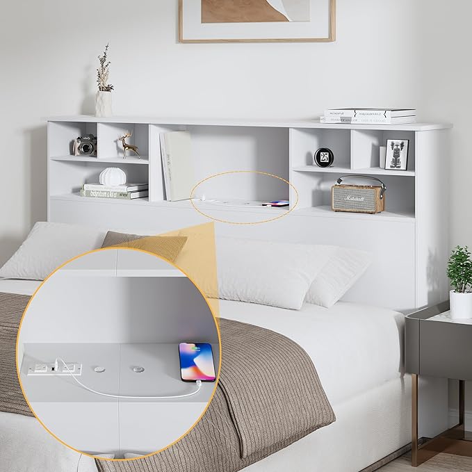 King Size Headboard for Bedroom, Stylish Bookcase Headboard with Built-in Charging Station & 2 LED Lights, Engineered Wood Headboards, Noise-Free HeadBoard King Size with Storage, White