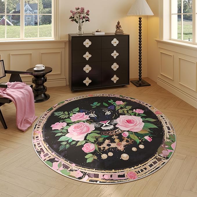 Round Rug 6ft Washable Circle Rug Non Slip Low Pile Retro Lavish Leopard Floral Animal Small Circular Rug for Bedroom, Bathroom, Entryway, Kids Room, Office, College Dorm (Black Pink)