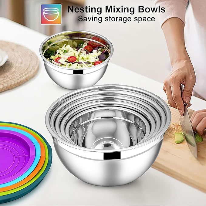 E-far Mixing Bowls with Lids Set, 7-Piece Stainless Steel Mixing Bowls with 3 Grater Attachments, Size 4.6, 3.5, 2.6, 2, 1.5, 1, 0.7QT, Nesting Design & Colorful Airtight Lid, For Baking/Prepping