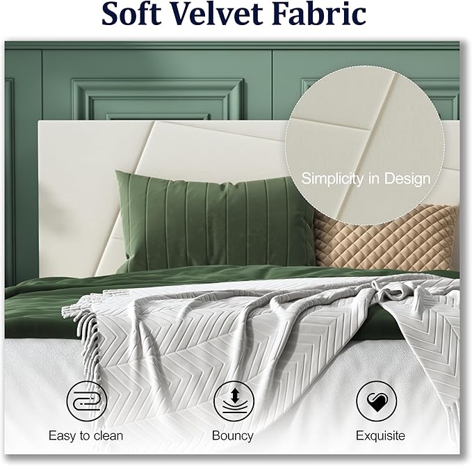 Queen Size Bed Frame, Queen Platform Bed Frame with Velvet Upholstered Headboard, Geometric Pattern, Sturdy Frame and Slats, Noiseless, No Springs Required, Easy to Assemble，Beige