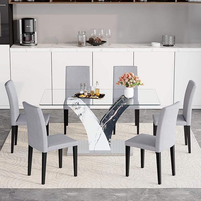 Glass Dining Table Set for 6, 63” Kitchen Table Set for 6, Modern Dining Room Table Set with Upholstered Chairs, Tempered Glass Tabletop with Y Shape Base