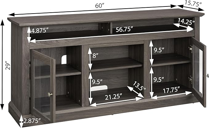 HMFULE 60" Farmhouse TV Stand for 60 65 Inch Television, Entertainment Center with 2 Storage Cabinets Glass Doors & Adjustable Shelves, Rustic Media Console Furniture for Living Room (Dark Walnut)