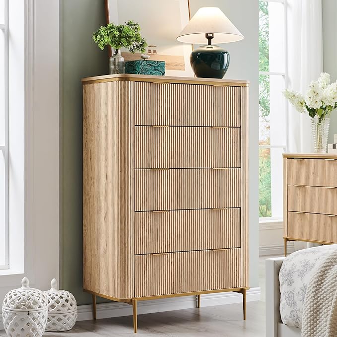 T4TREAM Fluted 5 Drawers Dresser for Bedroom, 48" Tall Modern Dresser Chest of Drawers, Gold Accents, Fluted Fronts, Wood Storage Dressers Organizer for Bedroom, Living Room, Natural Oak