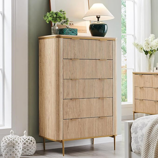 T4TREAM Fluted 5 Drawers Dresser for Bedroom, 48" Tall Modern Dresser Chest of Drawers, Gold Accents, Fluted Fronts, Wood Storage Dressers Organizer for Bedroom, Living Room, Natural Oak