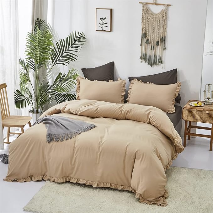 CLOTHKNOW Champagne Ruffles Full Size Comforter Sets Farmhouse Bedding Comforter Sets Soft Boho Comforter Champagne Comforter with 2 x Pillow Cases