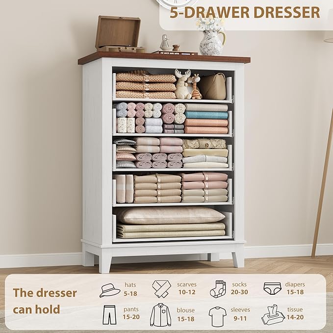 GarveeHome 5 Dresser for Bedroom, 41.3" Tall Vertical Drawer Dresser with Large Storage, Freestanding Wooden Closet Chest for Bedroom, Living Room, White + Brown