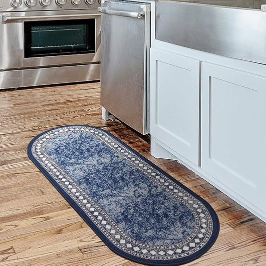 Antep Rugs Alfombras Modern Bordered 2x5 Non-Skid (Non-Slip) Low Profile Pile Rubber Backing Kitchen Area Rugs (Navy Blue, 2' x 5' Oval)