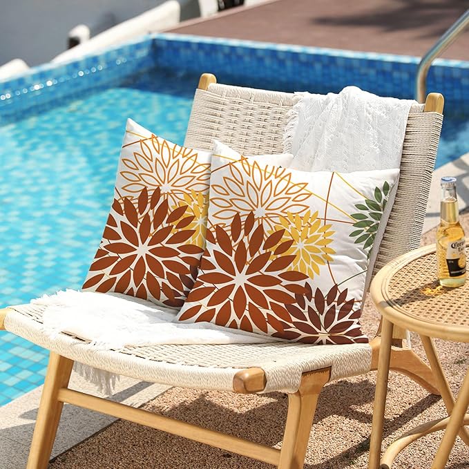Brown and Yellow Floral Pillow Covers 18x18 Set of 2 Outdoor Waterproof Decorative Throw Pillows Summer Pillow Covers Polyester Cushion Case Decor for Couch Patio Funiture Garden Porch 011E18
