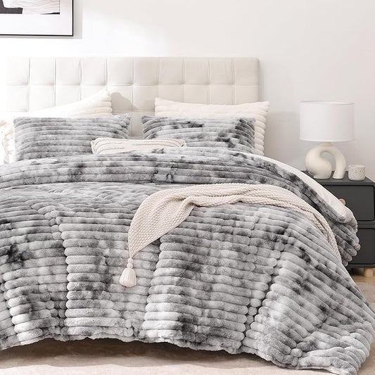 Smoofy Fluffy Queen Size Comforter Set 3 Pieces - Tie-dye Grey Fleece Fluffy Comforter Set, Luxury Fuzzy Queen Bedding Set, Soft Warm Bed Set All Season, Heavy Faux Fur Comforter with 2 Pillow Cases