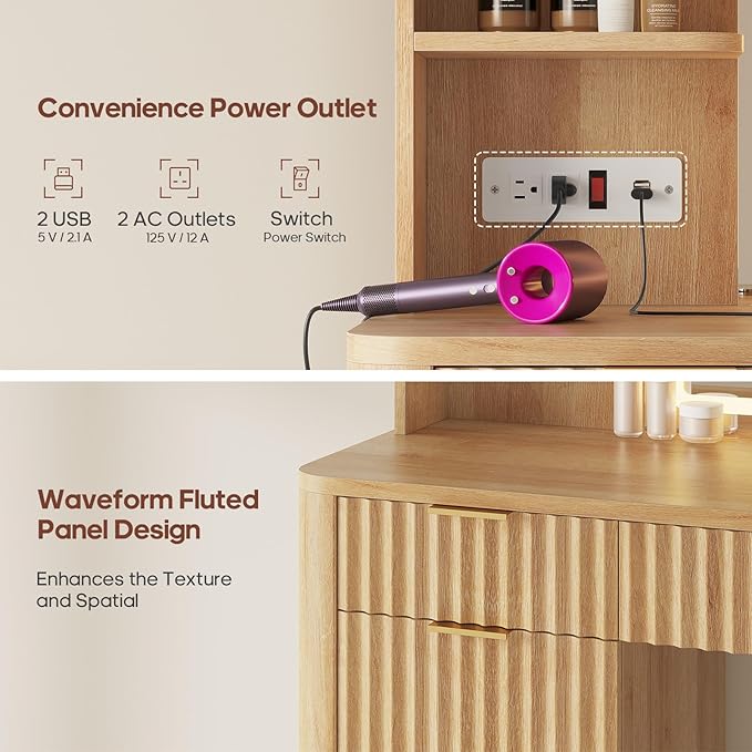 51.2" Fluted Makeup Vanity Desk with Large 30.3" Mirror and Lights, 5 Drawer Vanity with Power Strip, 6 Open Shelves, 2 Cabinet，Modern Dressing Table with Solid Wood Legs for Bedroom, Oak