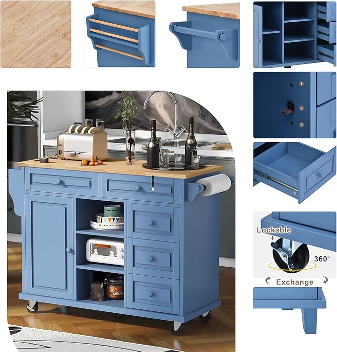 Rolling Kitchen Cart with Rubber Wood Desktop Mobile Kitchen Island with Storage and 5 Drawers for Dining Room Kitchens Living Room 52.8" L*18.1" W*36.2" H Blue