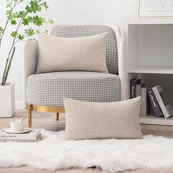 MIULEE Pack of 2 Couch Throw Pillow Covers 12x20 Inch Soft Light Brown Chenille Pillow Covers for Sofa Living Room Solid Dyed Pillow Cases