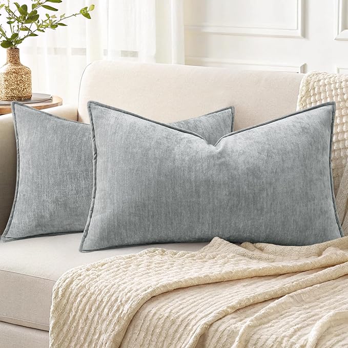 decorUhome Couch Throw Pillow Covers 12x20 Set of 2, Decorative Soft Euro Neutral Chenille Lumbar Pillow Covers with Elegant Design for Sofa Bed Living Room Home Decor, Ultimate Gray