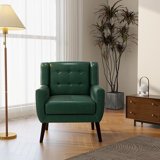 Accent Chair, Mid-Century Modern PU Leather Chairs with Arms for Living Room, Comfy Upholstered Club Single Sofa Armchair for Bedroom Waiting Room with Solid Wood Frame（Leather Green, Set of 1