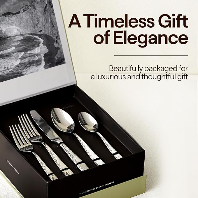 Luciella Ponza Flatware Set for 8, 45-Piece Stainless Steel Silverware Set with Serving Utensils, Timeless Hammered Design, Rust-Resistant, Mirror Polished & Dishwasher Safe