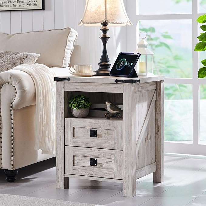 T4TREAM Farmhouse Nightstand Set of 2 with Charging Station, Rustic End Table with 2 Drawers, Storage Open Shelf for Bedroom, Living Room, Wood Side Table, Antique Brush White