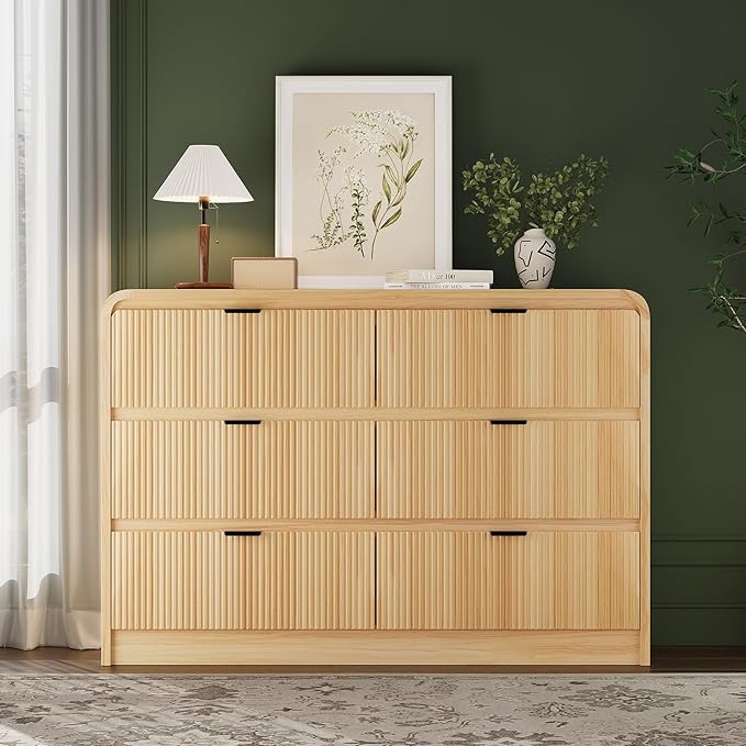 FURSUN Fluted 6 Drawers Dresser for Bedroom, 54" Wide Wooden Dresser with Metal Handle, Curved Profile Design, Modern Storage Organizer for Living Room, Hallway (Natural Oak)