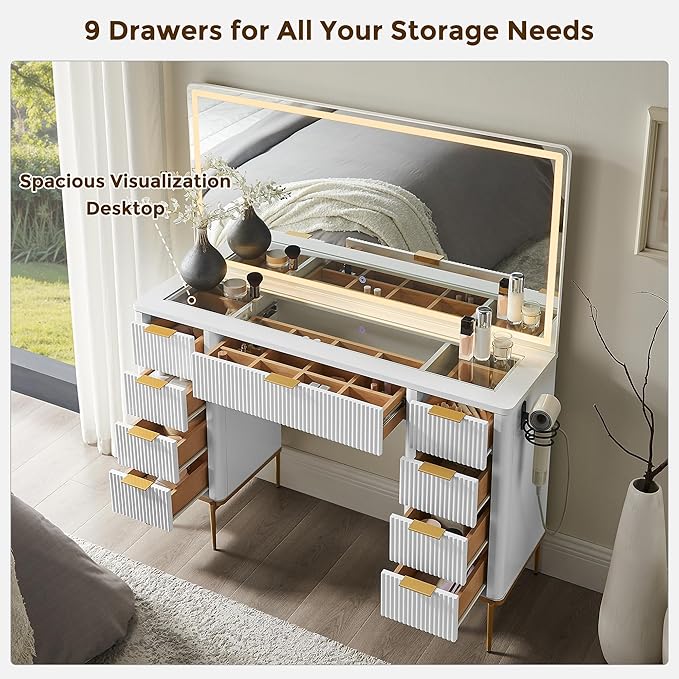T4TREAM 48" Fluted Makeup Vanity Desk with 48" Large Mirror and HD LED Lights, Modern Vanity Table with 9 Drawers & Charging Station, Glass Top and Golden Handles Dressing Table for Bedroom, White