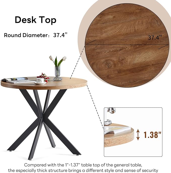 5 Pieces Dining Table Set for 4, 37-Inch Dia Round Home Kitchen Dinner Table with Thick Tabletop, 4 Seated Upholstered Arm Chairs, Faux Wood Round Table with Comfy Barrel Accent Chair