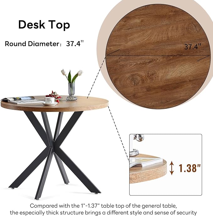 37" Round Table Set for 4 Person, Modern Kitchen Table Set, Imitation Wood Dining Table with Space Saving Dining Chairs, Dark Green Velvet Side Chairs