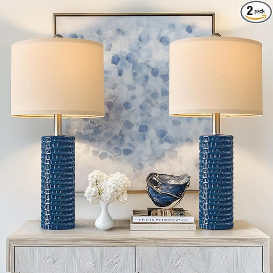 PORTRES 24.75" Modern Accent Ceramic Table Lamp Set of 2 for Bedroom Desk Decor Bedside Lamps for Living Room Study Room Office Dorm Farmhouse Nightstand Lamp End Table Lamps (Blue)