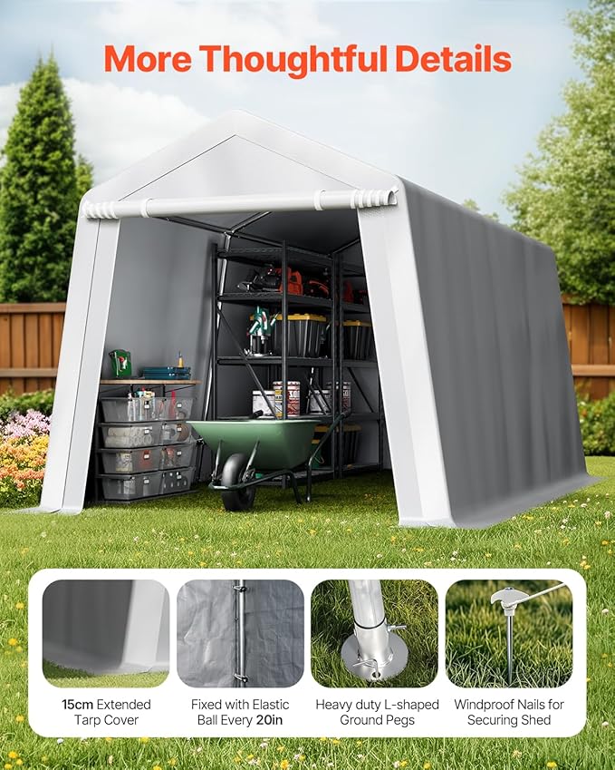 VEVOR Outdoor Storage Shed, 8 x 14 ft Portable Storage Tent with Roll-up Door & Vents, Waterproof Canopy Shed Shelter, Heavy Duty Frame, Patio Garage Carport for Motorcycle, Lawn Mower, Bike, Grey