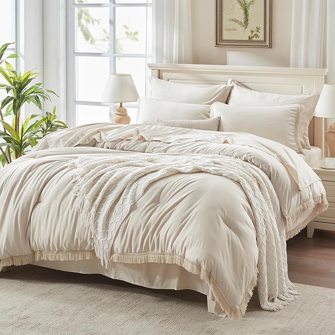 Andency Beige Comforter Set Full Size with Sheets -7 Pieces Boho Tassel Bed in a Bag Soft Lightweight Bedding Sets, All Season Fringe Bed Set with Comforter, Sheets, Pillowcases & Shams
