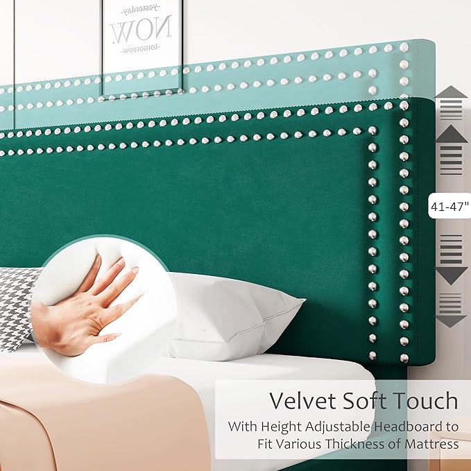 VECELO Full Size Bed Frame with Adjustable Upholstered Headboard, Wooden Slats Platform, Noise-Free Design, Easy Assembly