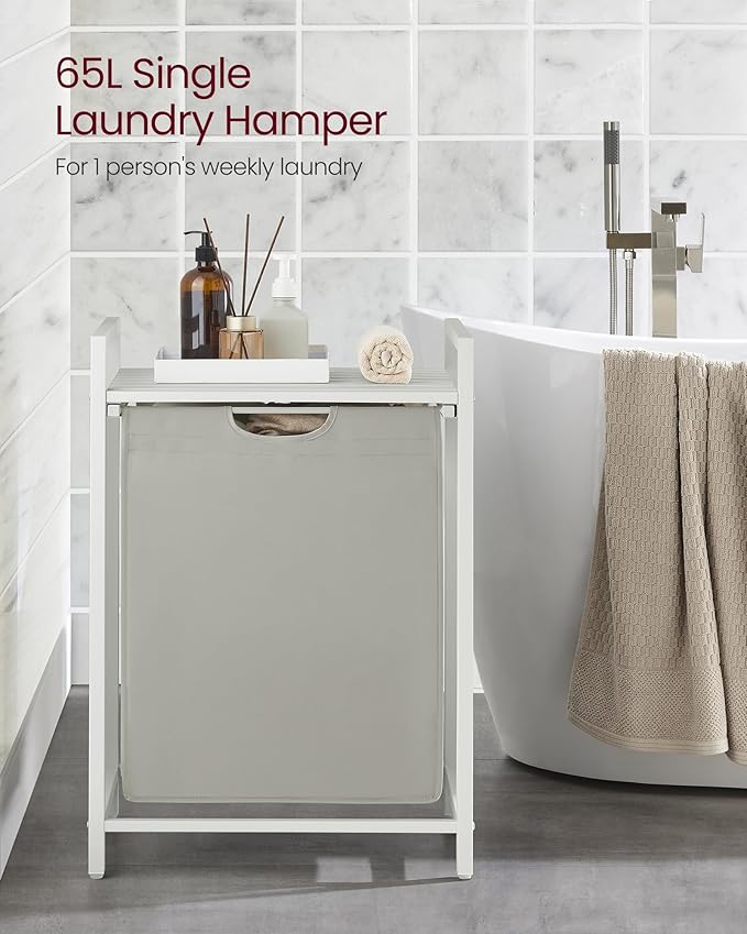 VASAGLE Laundry Hamper, Laundry Basket, Laundry Sorter with A Pull-Out and Removable Bag, Shelf, Metal Frame, 17.2 Gallons (65 L), 19.7 x 13 x 28.4 Inches, White UBLH101W01