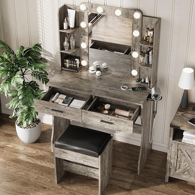 Vabches Vanity Desk with Mirror and Lights,Makeup Vanity Table with Charging Station,2 Drawer Bedroom Dressing Table with 3 Colors Modes Dimming & Cushioned Stool,Light Rustic Oak