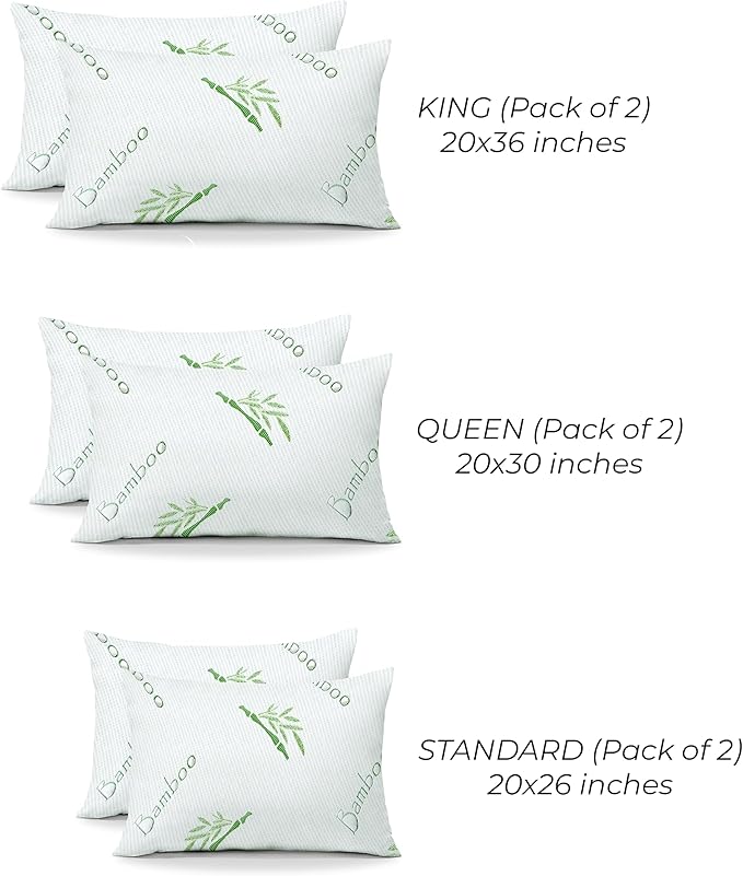 OMEO 2 Pack Standard Size Rayon Derived from Bamboo Pillow for Sleeping Shredded Memory Foam Bed Pillows for Side, Back and Stomach Sleepers, Soft, Cooling, Adjustable and Washable Cover 20" x 26"