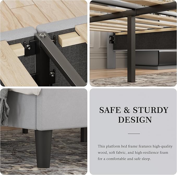 VECELO Queen Bed Frame with Upholstered Headboard, Heavy-Duty Platform Bedframe with Strong Wooden Slats Support, No Boxing Spring Needed, Light Grey