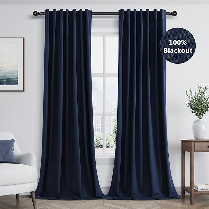 Guken Navy Blue Linen Blackout Curtains 108 Inch Length 2 Panels Set for Living Room Bedroom Back Tab Thermal Insulated 100% Black Out Linen Drapes Room Darkening Window Curtains 108 Inches Long