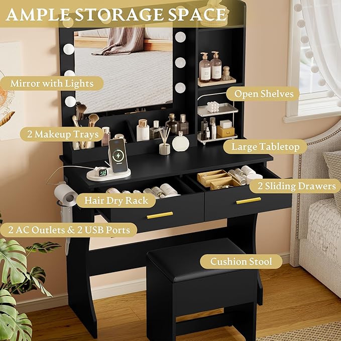 Vanity Desk with Mirror and Lights, Small Makeup Vanity Table Set with Storage Drawers & Power Outlets & Chair, 3 Lighting Modes & RGB Ambient Light, Dressing Table for Women Girls Bedroom, Black
