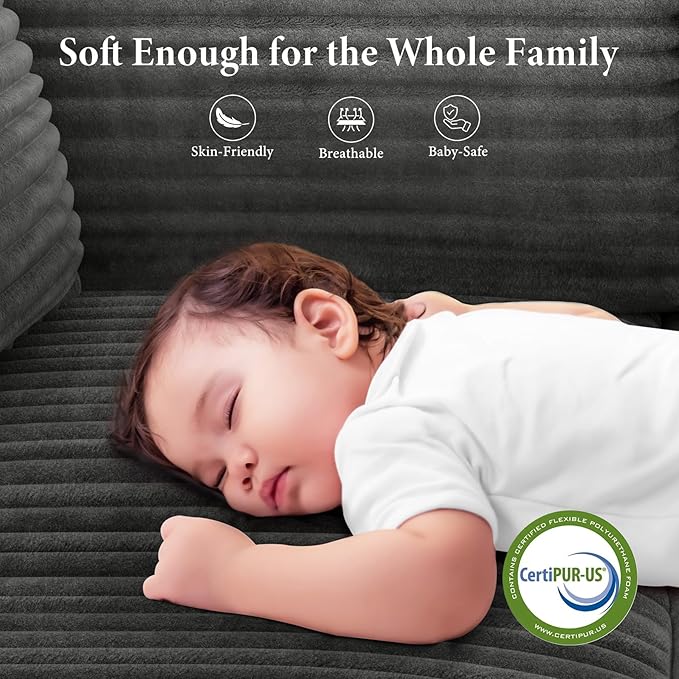 Vesgantti 106" Boneless Couch with Chaise, Deep Seat Comfy Cloud Modular Sofa Corduroy Memory Foam Sectional Couches for Living Room Bedroom, No Assembly Required (Grey, Left-Facing Chaise)