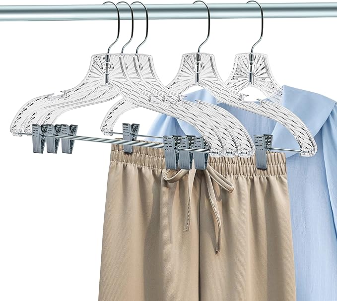 Quality Clear Plastic Skirt Hangers - 12 Pack Crystal Cut for Skirt, Pant, Dress, Suit, Coat Hangers Heavy Duty & Nonslip Design Asujtable Clips, Swival Hook, 17" inch (12, Crystal Skirt)