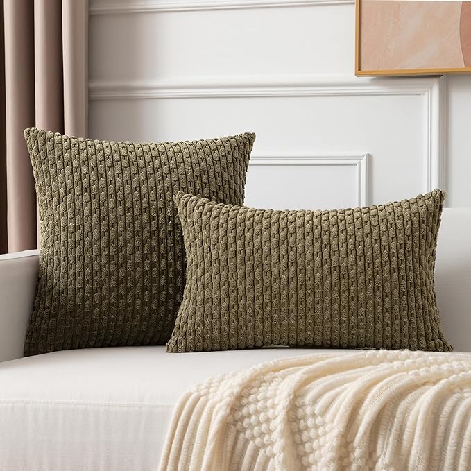 Kevin Textile Pack of 2 Corduroy Decorative Throw Pillow Covers 22x22 Inch Soft Boho Striped Pillow Covers Modern Farmhouse Home Decor for Spring Sofa Living Room Couch Bed Olive Green
